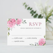 Elegante Watercolor Pink Hydrangea Blumenhochzeit RSVP Karte (Stehend Vorderseite)