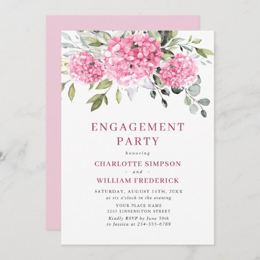Elegante Watercolor Pink Hydrangea ENGAGEMENT PART Einladung (Vorne/Hinten)