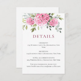 Elegante Watercolor Pink Hydrangea Hochzeitsdetail Begleitkarte