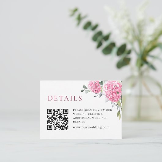 Elegante Watercolor Pink Hydrangea Hochzeitsdetail Begleitkarte (Stehend Vorderseite)