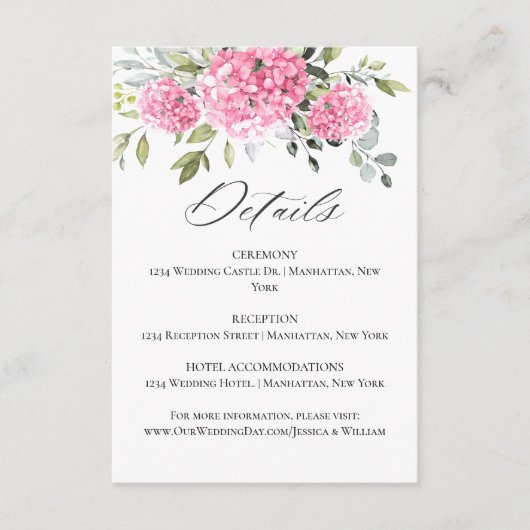 Elegante Watercolor Pink Hydrangea Hochzeitsdetail Begleitkarte (Vorderseite)