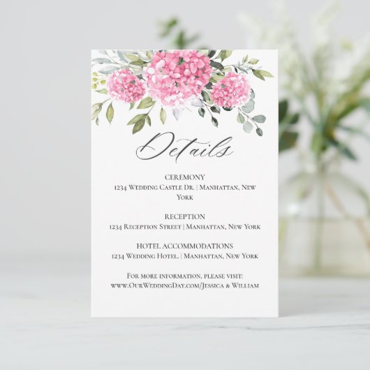 Elegante Watercolor Pink Hydrangea Hochzeitsdetail Begleitkarte (Stehend Vorderseite)