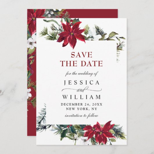 Elegante Watercolor Poinsettia Branch Wedding Save The Date (Vorne/Hinten)