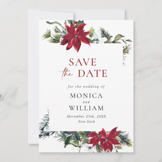 Elegante Watercolor Poinsettia Branch Wedding Save The Date (Vorderseite)