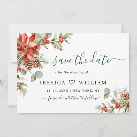 Elegante Watercolor Poinsettia Branch Wedding Save The Date (Vorderseite)