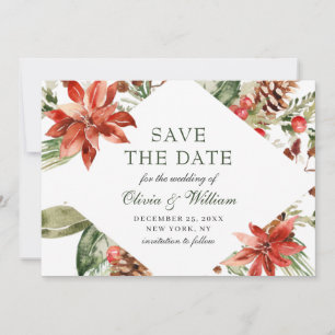 Elegante Watercolor Poinsettia Branch Wedding Save The Date