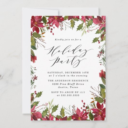 Elegante Watercolor Poinsettia Holiday Party Einladung (Vorderseite)