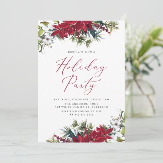 Elegante Watercolor Poinsettia Holiday Party Einladung (Stehend Vorderseite)