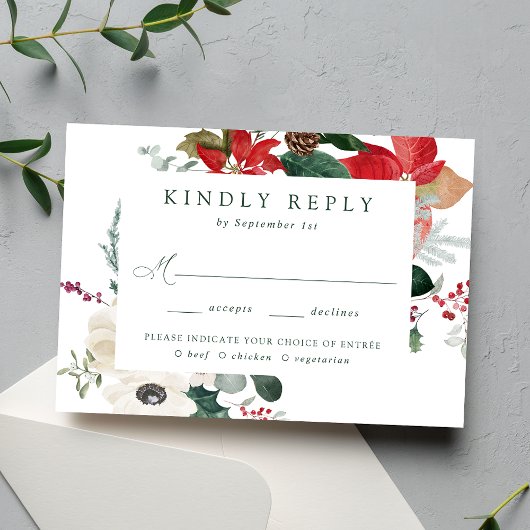 Elegante Watercolor Poinsettias Hochzeitsmahl RSVP Karte