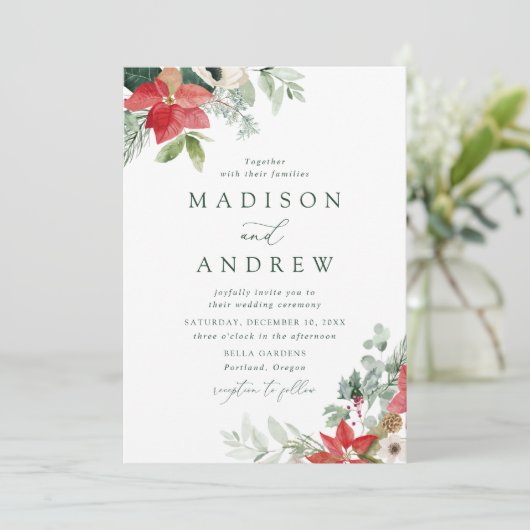 Elegante Watercolor Poinsettias Winter Wedding Einladung (Stehend Vorderseite)