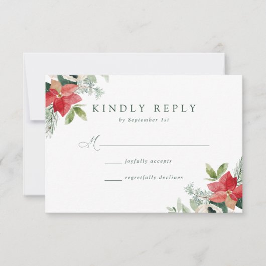 Elegante Watercolor Poinsettias Winter Wedding RSVP Karte (Vorderseite)