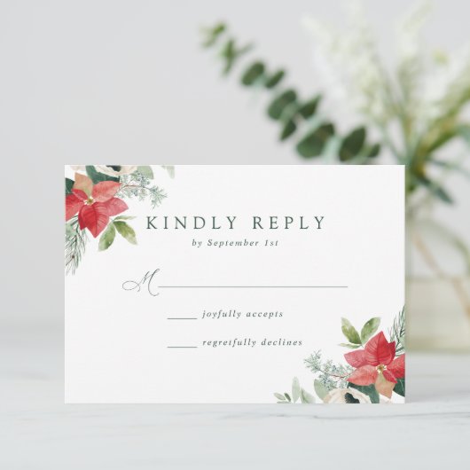 Elegante Watercolor Poinsettias Winter Wedding RSVP Karte (Stehend Vorderseite)