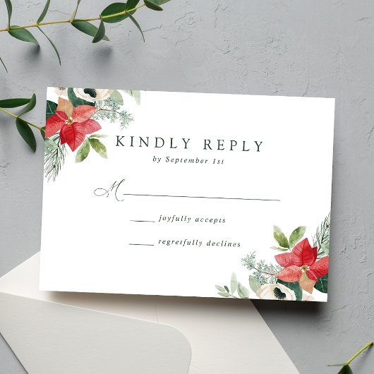 Elegante Watercolor Poinsettias Winter Wedding RSVP Karte