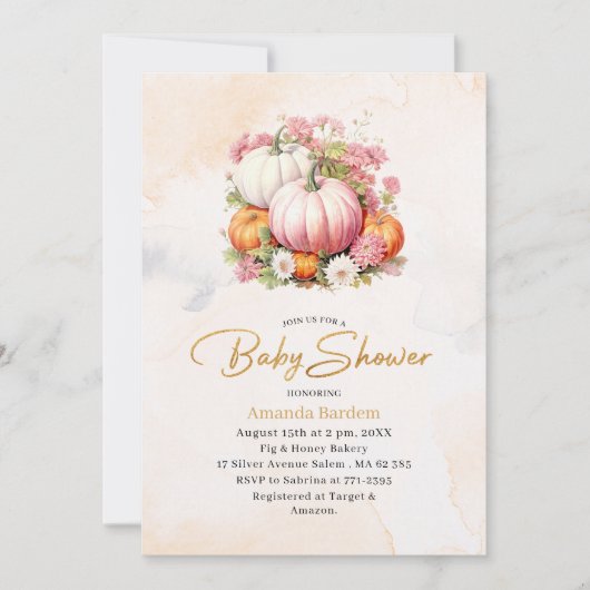 Elegante Watercolor Pumpkin Baby Dusche Einladung (Vorderseite)