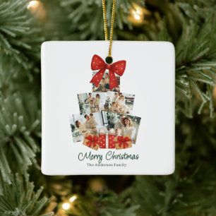 Elegante Watercolor Red Bow Familie Weihnachtsbaum Keramikornament