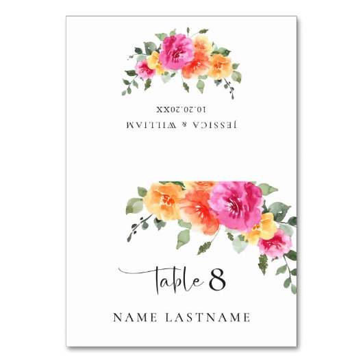 Elegante Watercolor Rosa Blume Hochzeit Platzkarte Tischnummer (Vorderseite)