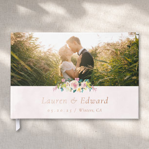 Elegante Watercolor Rosa Blütenhochzeit Gästebuch