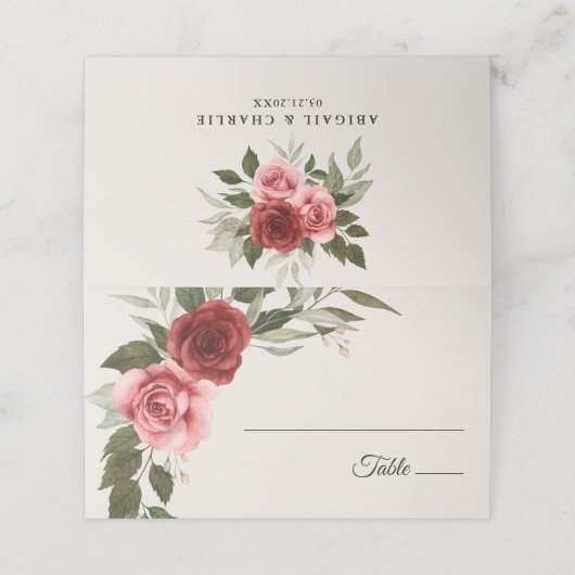 Elegante Watercolor Rose Hochzeit Platzkarte (Außenseite Aufgefaltet)