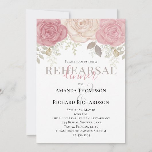 Elegante Watercolor Rose Hochzeit Probe Dinner Einladung (Vorderseite)