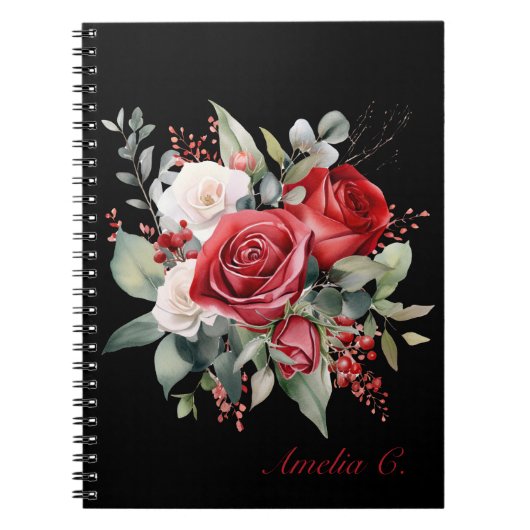 Elegante Watercolor Rote Rose Bouquet Black Notebo Notizblock (Vorderseite)