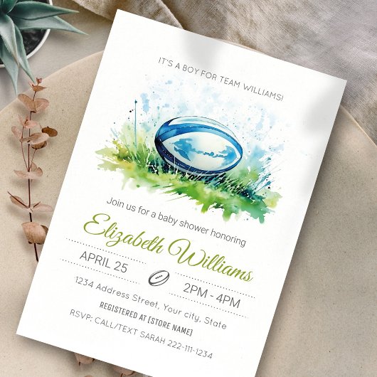 Elegante Watercolor Rugby Baby Shower Einladung