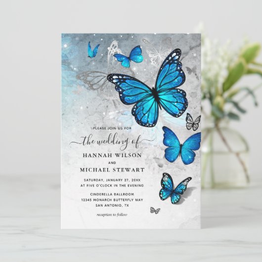 Elegante Watercolor Silver Blue Butterfly Wedding Einladung (Stehend Vorderseite)