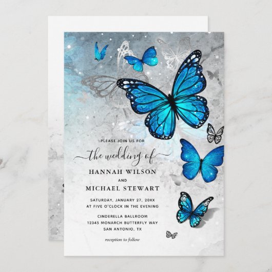 Elegante Watercolor Silver Blue Butterfly Wedding Einladung (Vorne/Hinten)