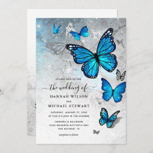 Elegante Watercolor Silver Blue Butterfly Wedding Einladung