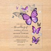 Elegante Watercolor Silver Lila Butterfly Wedding Acryleinladungen (Vorderseite)