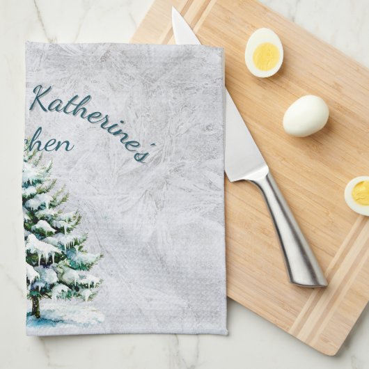 Elegante Watercolor Snowy Spruce Tree Grandma Geschirrtuch (Viertel Falte)