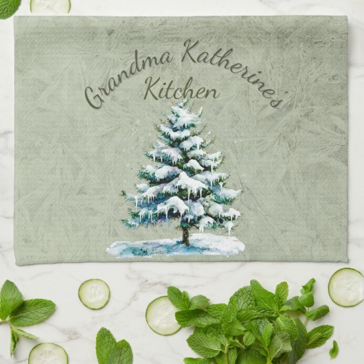 Elegante Watercolor Snowy Spruce Tree Grandma Geschirrtuch (Gefaltet)