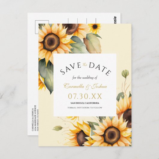 Elegante Watercolor Sonnenblume Boho Save the Date Postkarte (Vorne/Hinten)