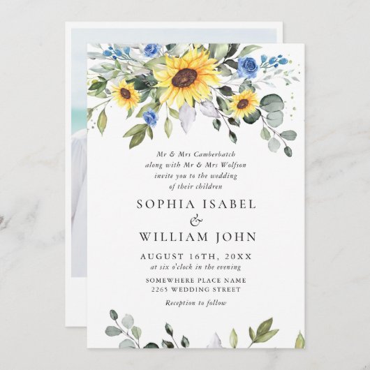 Elegante Watercolor Sonnenblumen Eukalyptus Weddin Einladung (Vorne/Hinten)