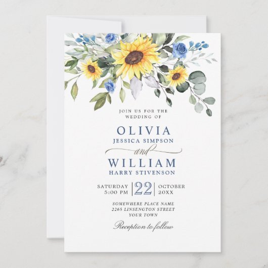 Elegante Watercolor Sonnenblumen Eukalyptus Weddin Einladung (Vorderseite)