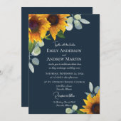 Elegante Watercolor Sonnenblumen Navy Blue Wedding Einladung (Vorne/Hinten)