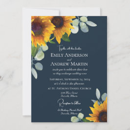 Elegante Watercolor Sonnenblumen Navy Blue Wedding Einladung