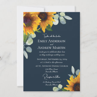 Elegante Watercolor Sonnenblumen Navy Blue Wedding Einladung