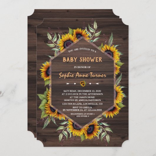 Elegante Watercolor Sonnenblumen Wood Baby Dusche Einladung (Vorne/Hinten)