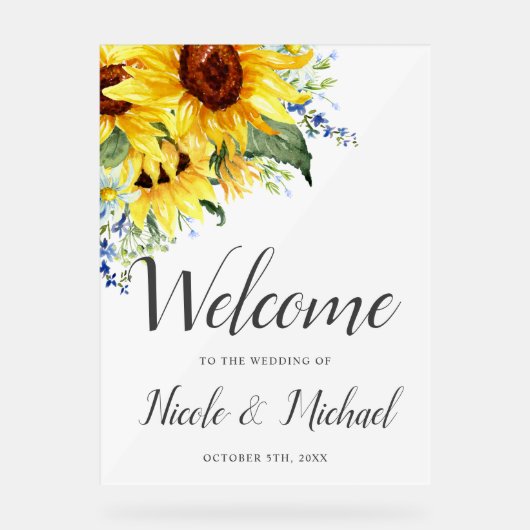Elegante Watercolor Sonnenblumenhochzeit Willkomme Acrylschild (Vorderseite)