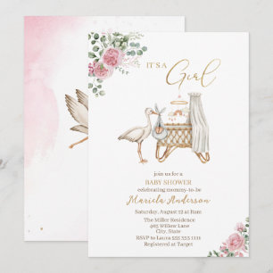 Elegante Watercolor Stork Baby Girl Baby Shower Einladung