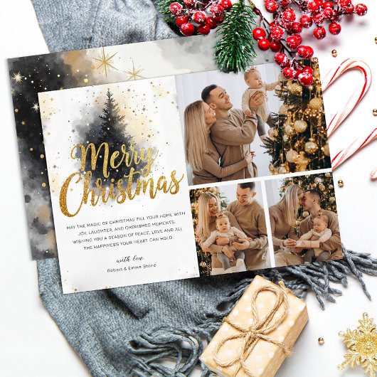 Elegante Watercolor Tree Multi Foto Weihnachtskart Einladung