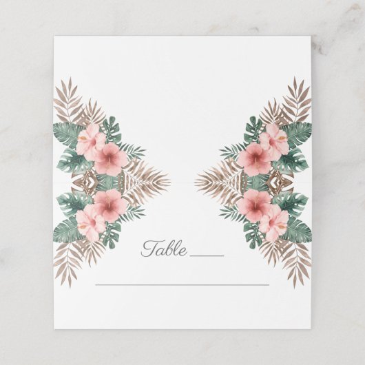 Elegante Watercolor Tropical Floral Wedding Platzkarte (Außenseite Aufgefaltet)