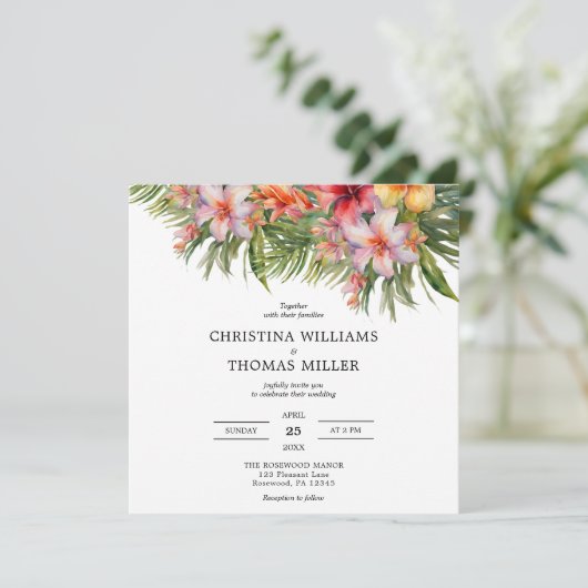Elegante Watercolor Tropische Hochzeit Einladung (Stehend Vorderseite)