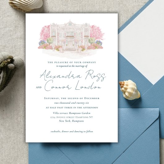 Elegante Watercolor Villa Script Wedding Einladung