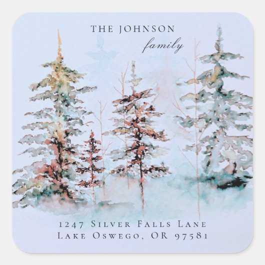 Elegante Watercolor Weihnachten Pine Rücksendeadre Quadratischer Aufkleber (Vorderseite)