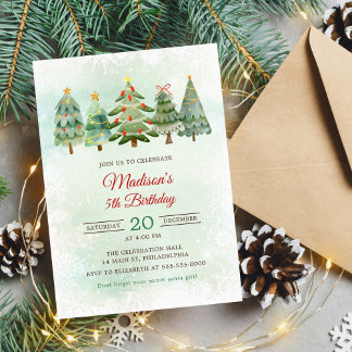 Elegante Watercolor Weihnachtsbaum Geburtstagspart Einladung