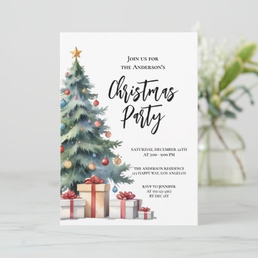 Elegante Watercolor Weihnachtsbaum Party Einladung (Stehend Vorderseite)