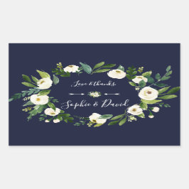 Elegante Watercolor White Floral Dark Blue Wedding Rechteckiger Aufkleber