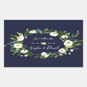 Elegante Watercolor White Floral Dark Blue Wedding Rechteckiger Aufkleber