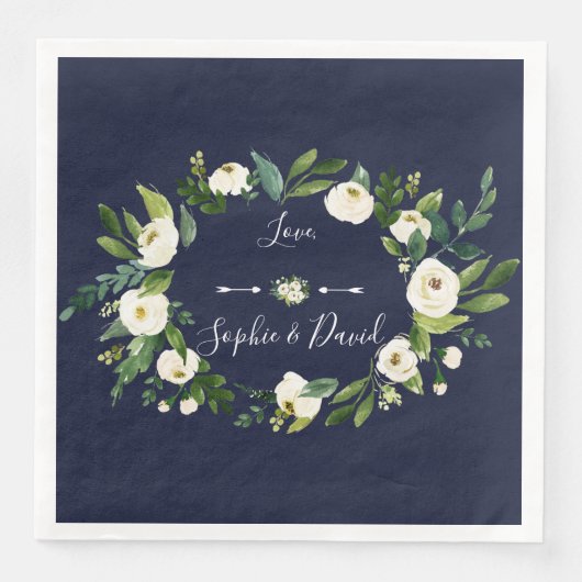 Elegante Watercolor White Floral Dark Blue Wedding Serviette (Vorderseite)